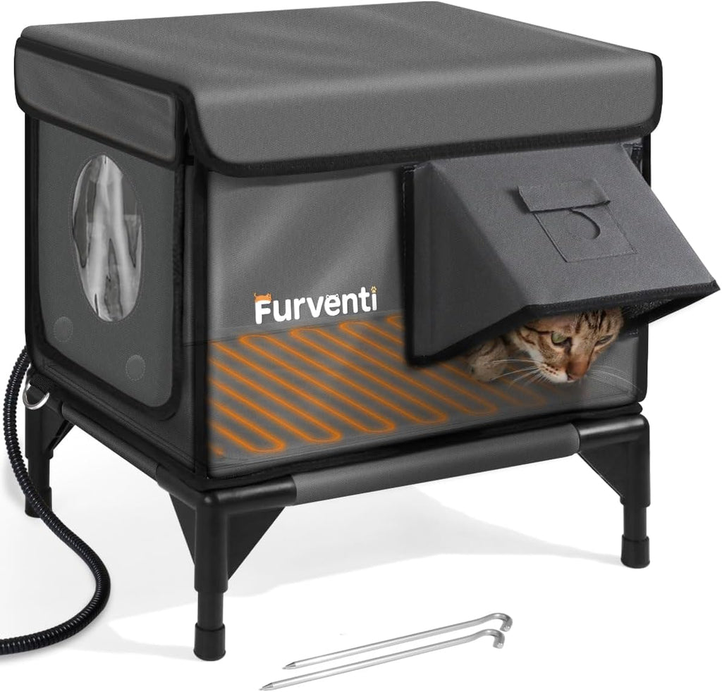 Outdoor Heated Cat House in Winter,Extremely Insulated & Weatherproof,Elevated Feral Cat Shelter with Waterproof Eaves & Escape Door for Outside...
